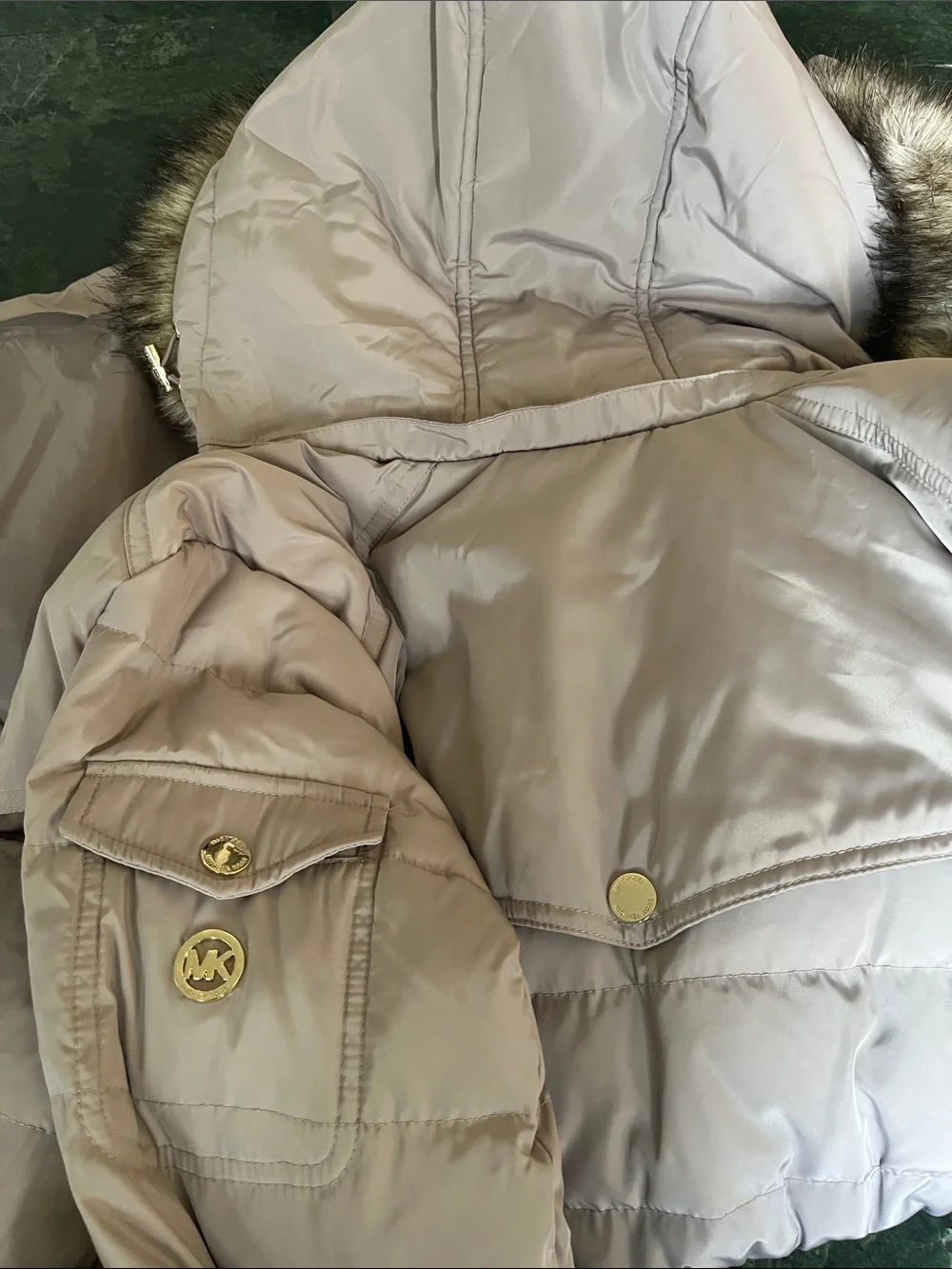 Michael Kors Gray Quilted Hooded Puffer Coat with Faux Fur Trim